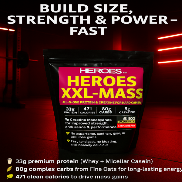 Heroes XXL-MASS 5kg Protein and Creatine Supplement for Hard Gainers – High-Calorie Muscle Mass Gainer with 33g Protein, 80g Carbs, and 5g Creatine – Strawberry Flavour in Red Neon Lit Gym Background.