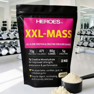 Heroes XXL-MASS 2kg Vanilla – High Calorie Protein & Creatine Mass Gainer with vanilla flavoured powder in bright gym background