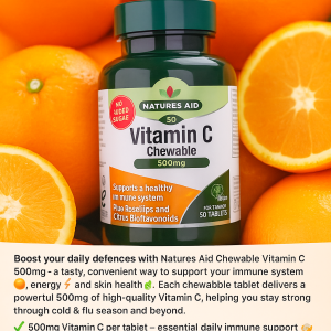 Natures Aid Chewable Vitamin C 500mg Supplement Bottle with Oranges – Immune Support, Energy Boost, and Skin Health – Vegan-Friendly, UK-Made Tablets from Heroes Fitness Store Norwich