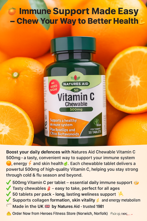 Natures Aid Chewable Vitamin C 500mg Supplement Bottle with Oranges – Immune Support, Energy Boost, and Skin Health – Vegan-Friendly, UK-Made Tablets from Heroes Fitness Store Norwich