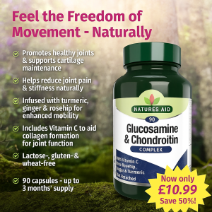 Natures Aid Glucosamine & Chondroitin Complex supplement bottle – 90 capsules with Vitamin C, turmeric, ginger & rosehip for joint pain relief, cartilage support, and improved mobility – natural joint care on moss background with 50% discount offer