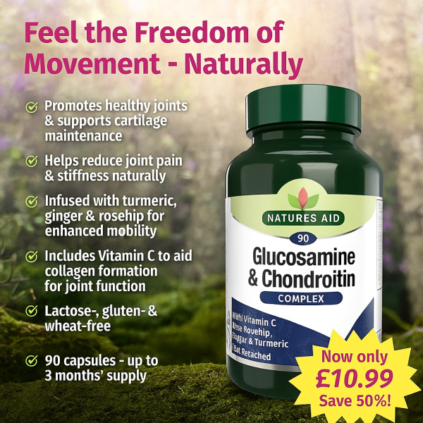 Natures Aid Glucosamine & Chondroitin Complex supplement bottle – 90 capsules with Vitamin C, turmeric, ginger & rosehip for joint pain relief, cartilage support, and improved mobility – natural joint care on moss background with 50% discount offer