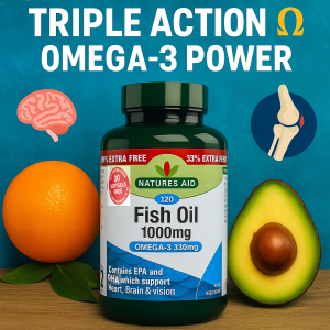 Nature’s Aid Fish Oil 1000mg Omega-3 supplement bottle with 120 softgels, promoting heart, brain, and joint health, displayed against a vibrant wellness-themed background with imagery symbolizing cognitive support and joint flexibility.