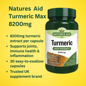 Promotional image of Natures Aid Turmeric Max 8200mg supplement bottle with key benefits listed, including high-strength turmeric, joint and immune support, vegan-friendly formula, and UK-made quality.