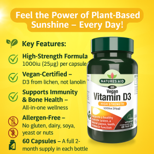 Natures Aid Vegan Vitamin D3 High Strength Supplement – 1000iu (25µg) Plant-Based Capsules for Immune Support, Bone Health & Allergen-Free Wellness – 60 Tablets Bottle