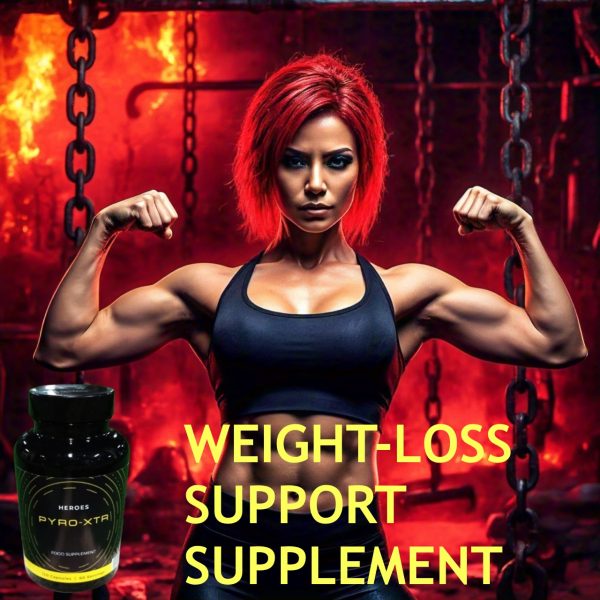 A muscular woman holding HEROES PYRO-XTR weight-loss support capsules, showcasing strength and fitness.