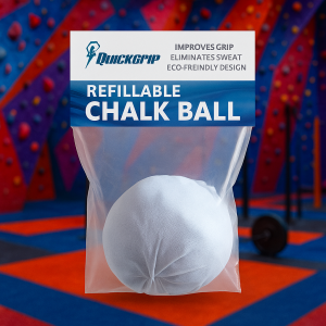 QuickGrip Refillable Chalk Ball in packaging, displayed against a vibrant indoor climbing gym background – eco-friendly, mess-free grip solution for climbers, weightlifters, and gym athletes