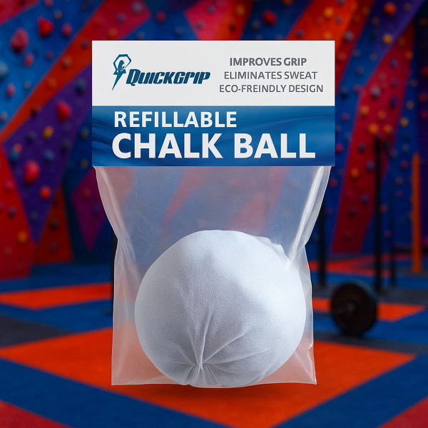QuickGrip Refillable Chalk Ball in packaging, displayed against a vibrant indoor climbing gym background – eco-friendly, mess-free grip solution for climbers, weightlifters, and gym athletes