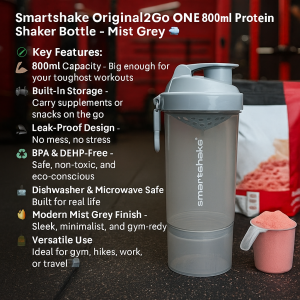 Smartshake Original2Go mist grey shaker bottle for protein powders, featuring snap-on storage, leak-proof cap, and ergonomic grip – perfect for workouts and sports nutrition