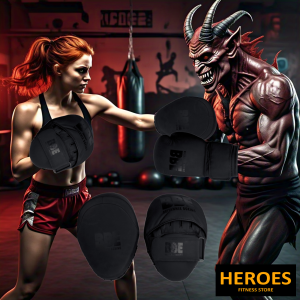 A woman and Demon in boxing gloves stand confidently, showcasing strength and bbe matte black focus pads nearby.