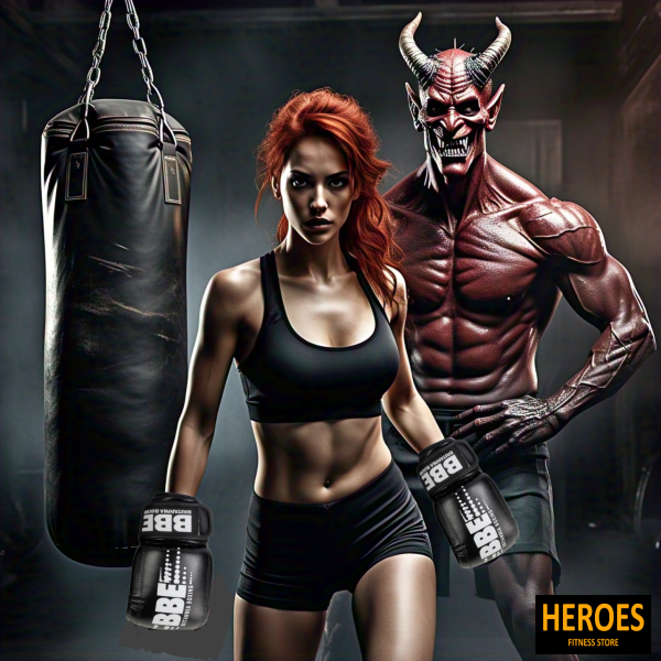 A woman in striking black and red boxing gear poses next to a devil, highlighting her bbe punch bag mitts.