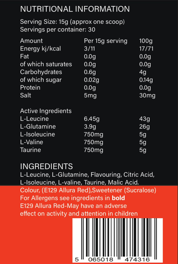 bcaa intra nutritional information