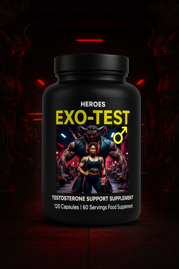 "EXO Test testosterone booster supplement bottle displayed in a gritty, high-intensity gym setting with dark lighting and powerful design elements, symbolizing strength, performance, and hormonal support."