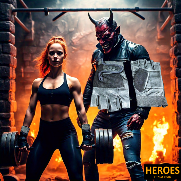 A man and woman in bold black costumes, gripping weights with their black leather gym gloves, ready to work out.