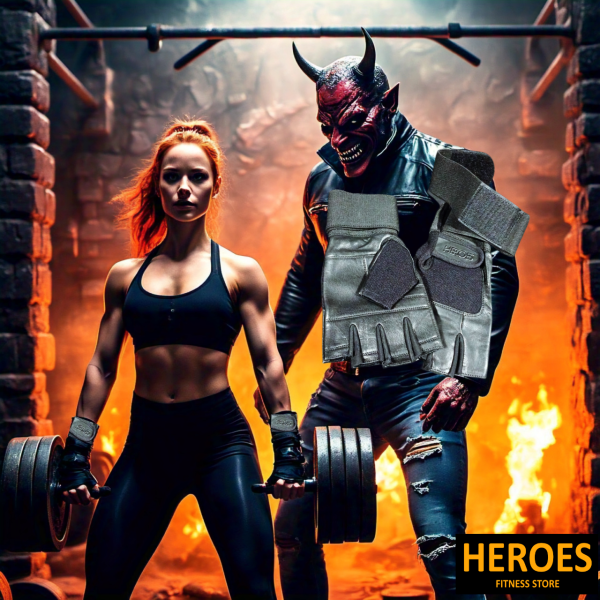 A couple dressed in black, sporting black leather gym gloves with wrist supports, with the word "heroes" displayed.