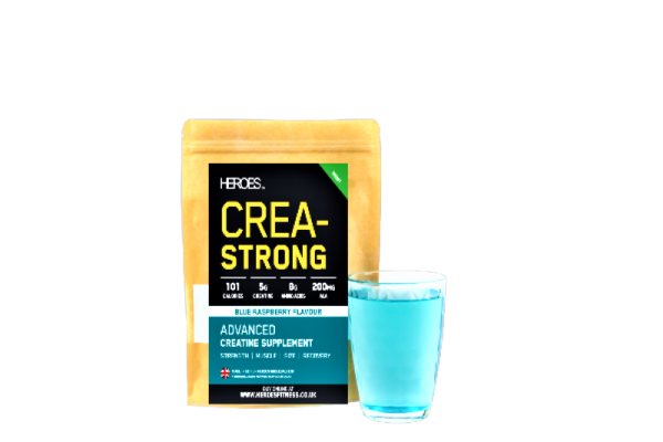 Heroes Crea-Strong Blue raspberry Flavour is an advanced creatine monohydrate gym supplement with added dextrose and Alpha Lipoic Acid for increased absorption, l-glutamine and l-leucine for increased muscle cell volume and recovery.