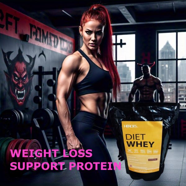 Heroes Diet Whey protein powder, ideal for weight loss support, displayed in a gym countertop with a scoop beside it.