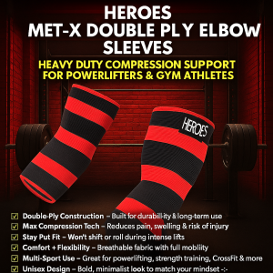 HEROES MET-X Double Ply Elbow Sleeves for Powerlifting – Heavy-duty compression support in red and black, shown with barbell and power rack in hardcore gym setting – ideal for strength training, CrossFit, and injury prevention.