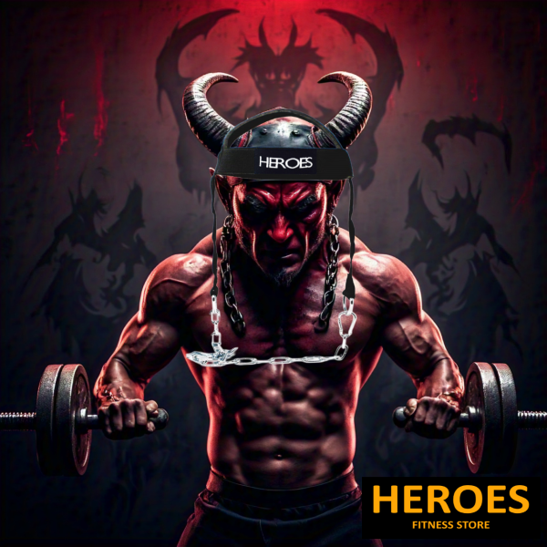 A demon is working out with a barbell, using a neck harness to boost his strength training.