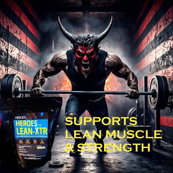 A demon lifts a barbell in front of a bag of Lean-XTR protein supplement for building lean muscle and strength.