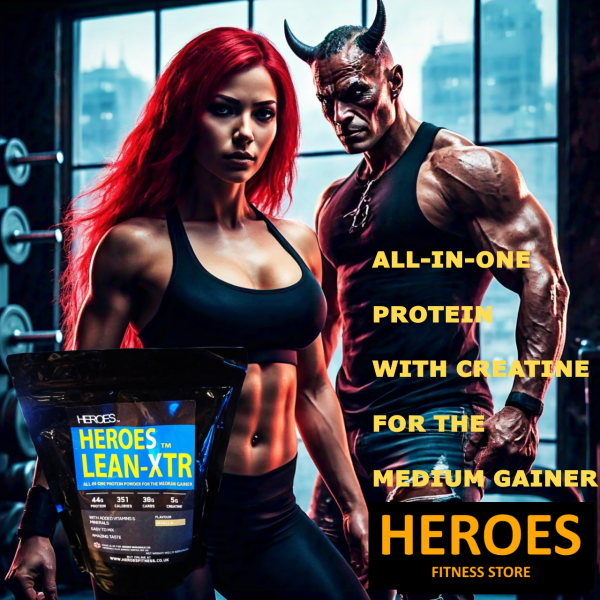 Heroes Lean-XTR protein powder for medium gainers, perfect for building muscle and fuelling your workouts.