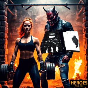 A couple stands next to a fire, proudly wearing their heroes of the gym gloves, embodying strength and teamwork.