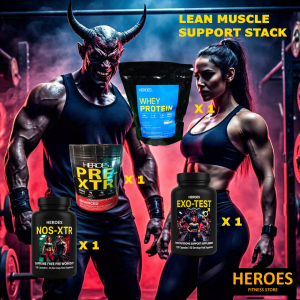 Lean Muscle Support Stack from Heroes Fitness Store featuring whey protein, PRE-XTR advanced pre-workout, NOS-XTR caffeine-free pre-workout, and EXO-TEST testosterone support supplement, with a muscular woman and demon-like figure in a hardcore gym setting