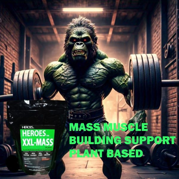 A green muscly gorilla demonstrates strength by lifting weights next to a bag of Heroes XXL-MASS Plant Based Protein, ideal for fitness enthusiasts.