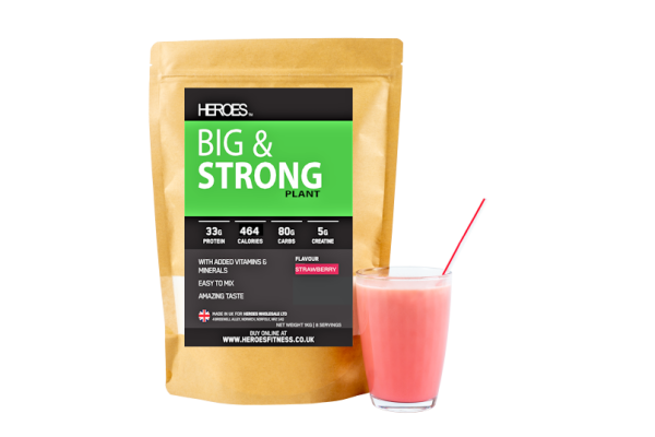 Heroes Plant Based Big and Strong Strawberry Flavour is an all in one protein creatine mass gainer