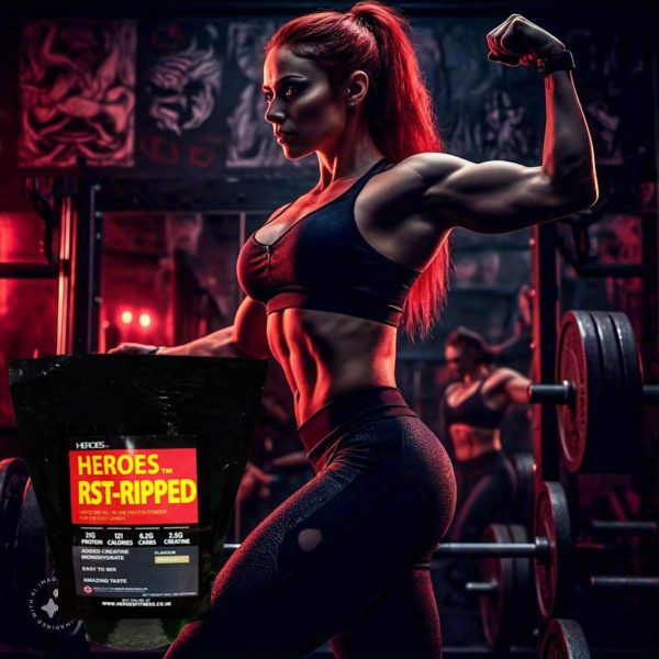 heroes rst-ripped protein vanilla with an image of a beautiful woman posing in the gym