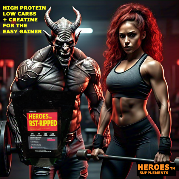 A dramatic gym setting features a muscular, red-haired female athlete gripping a barbell with a fierce expression, alongside a demonic, horned figure with chiselled muscles and a menacing grin. The demon holds a black pouch of Heroes RST-RIPPED protein strawberry powder, prominently labelled in bold red and yellow text. The supplement packaging highlights key product benefits: "42g protein," "243 calories," "12.5g carbs," and "5g creatine." In the upper left corner, bright yellow text reads: "HIGH PROTEIN, LOW CARBS + CREATINE FOR THE EASY GAINER." The bottom right corner displays the Heroes Supplements logo.