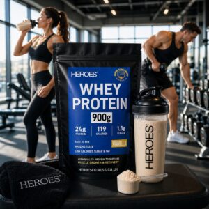 Heroes Whey Protein Vanilla 900g bag with shaker in bright gym setting, fit man and woman training and drinking protein shake in background