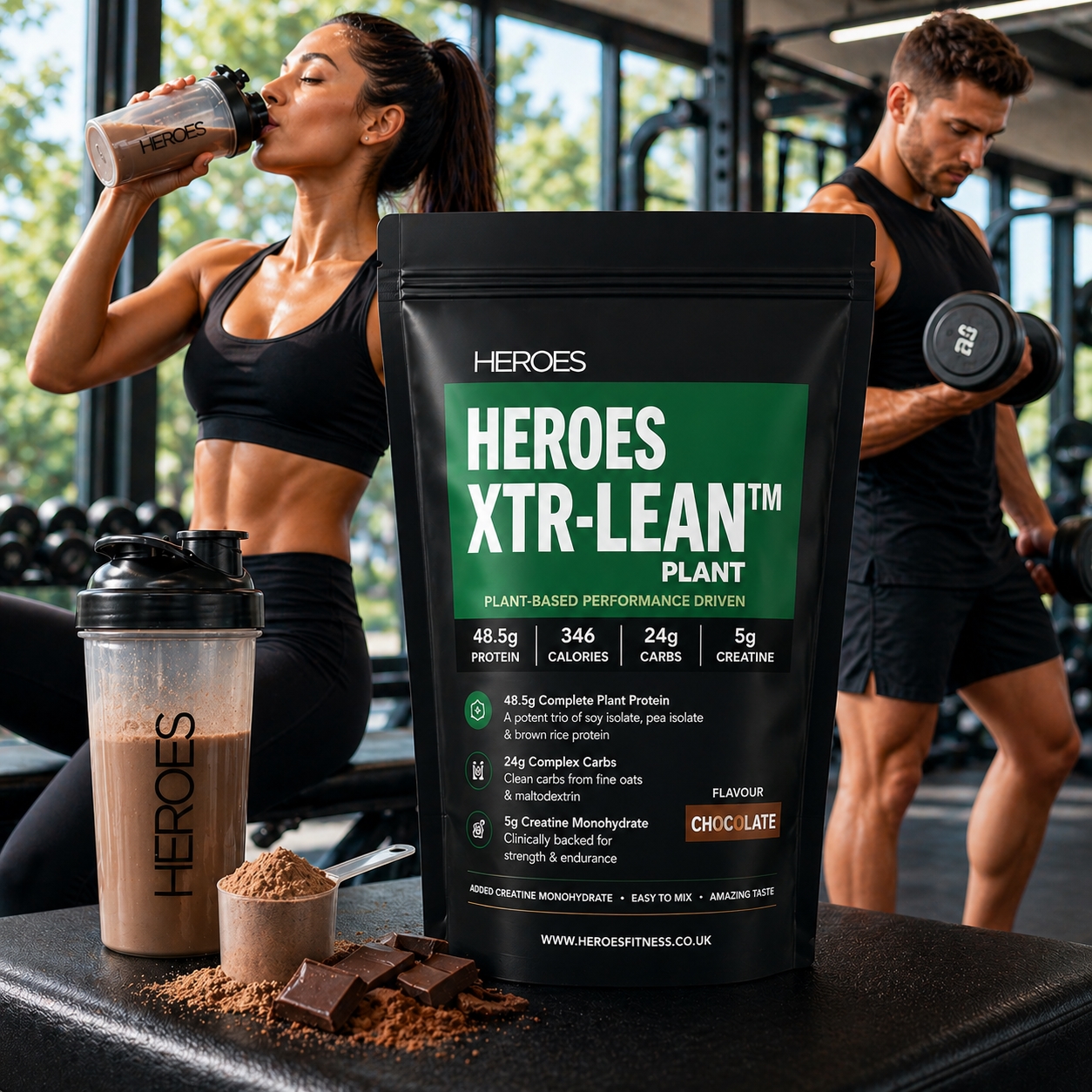 Bright gym setting with Heroes XTR-LEAN Plant Protein Chocolate 2kg bag in focus, a fit woman drinking a chocolate protein shake and a muscular man training behind her.