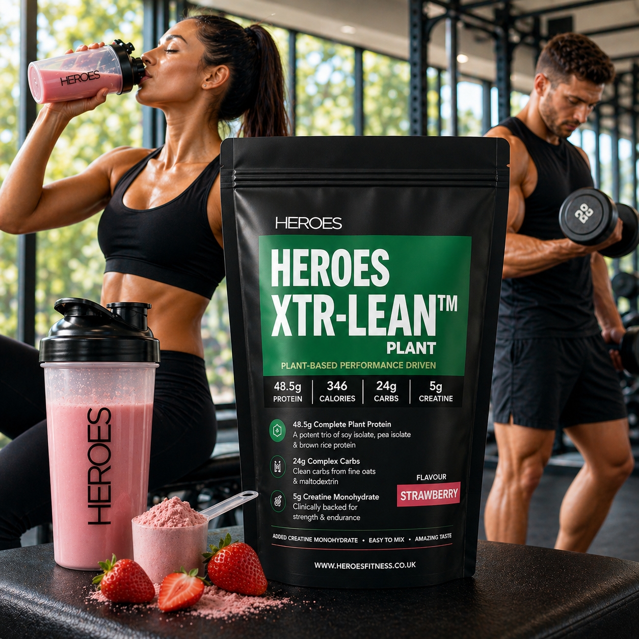 Well-lit gym scene featuring Heroes XTR-LEAN Plant Protein Strawberry 2kg bag, with a fit woman drinking a strawberry protein shake and a muscular man exercising in the background.