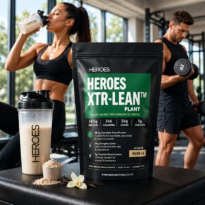 Bright gym scene featuring Heroes XTR-LEAN Plant Protein Vanilla 2kg bag in the foreground, with a fit woman drinking a vanilla shake and a muscular man lifting weights in the background