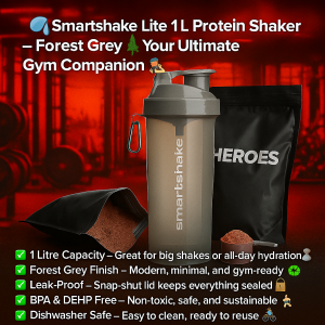 Smartshake Lite 1L Protein Shaker in Forest Grey with Heroes Whey Protein Bag and Chocolate Powder Scoop – Leak-proof, BPA-free shaker bottle for gym, fitness, and all-day hydration
