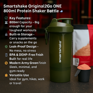 Smartshake Original2Go green protein shaker bottle with leak-proof lid, storage compartments, and BPA-free durable plastic – ideal for gym, fitness, and meal prep