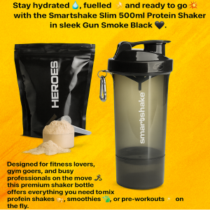 Smartshake Slim 500ml Protein Shaker in Gun Smoke Black – Leak-Proof BPA-Free Gym Bottle with Storage for Supplements, Ideal for Protein Shakes, Smoothies, and Pre-Workouts – Available at Heroes Fitness Store UK