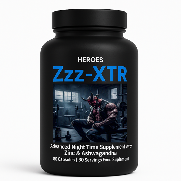 Heroes Zzz-XTR advanced sleep supplement featuring ashwagandha, zinc, magnesium, and B6 for nighttime recovery.