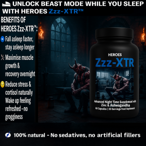 Heroes Zzz-XTR supplement bottle displayed in a dark, gothic gym setting with a muscular demon figure resting on a bench, surrounded by torch-lit stone walls and gym equipment.