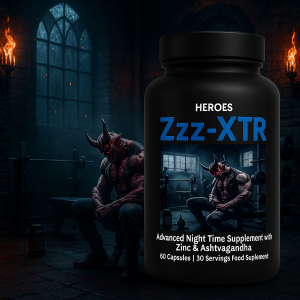 "Heroes Zzz-XTR supplement bottle displayed in a dark, gothic gym setting with a muscular demon figure resting on a bench, surrounded by torch-lit stone walls and gym equipment."