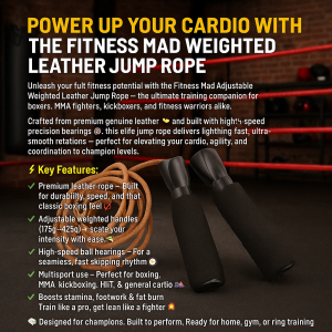 Adjustable Weighted Leather Jump Rope for Boxing, MMA, and HIIT Cardio Training – Premium Fitness Mad Skipping Rope with High-Speed Bearings and Customizable Handle Weights in Gritty Gym Setting.