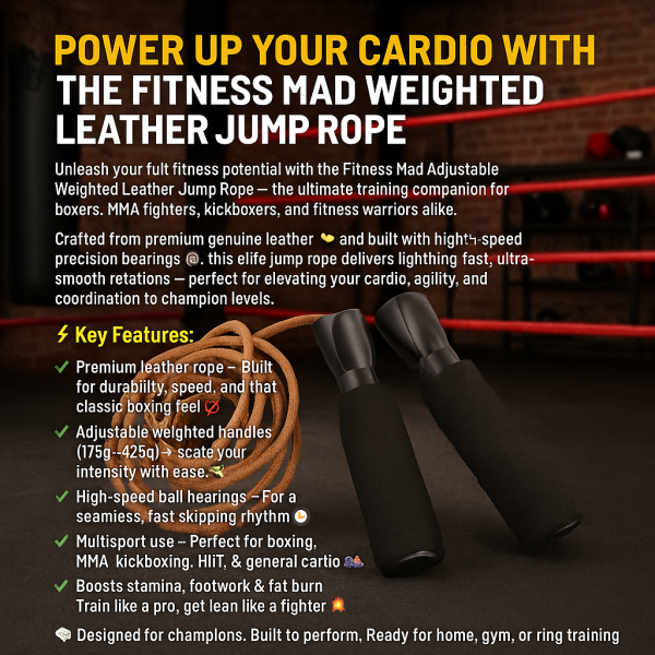 Adjustable Weighted Leather Jump Rope for Boxing, MMA, and HIIT Cardio Training – Premium Fitness Mad Skipping Rope with High-Speed Bearings and Customizable Handle Weights in Gritty Gym Setting.