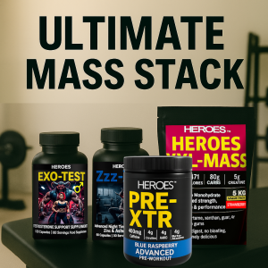 HEROES Ultimate Mass Stack supplements including EXO-TEST testosterone booster, Zzz advanced night formula, PRE-XTR pre-workout, and XXL-MASS weight gainer for lean muscle growth, strength, weight gain, and bodybuilding performance.