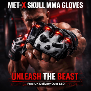 MET-X Skull MMA Gloves worn by a fighter throwing a powerful punch in a dark gym, with bold skull design, red lighting accents, and “Unleash the Beast” promotional text.