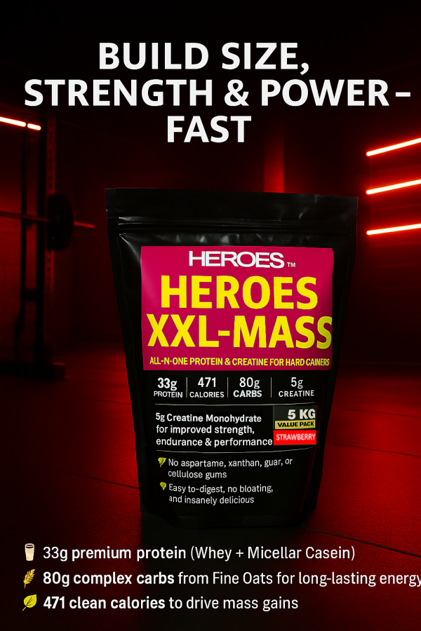 Heroes XXL-MASS 5kg Protein and Creatine Supplement for Hard Gainers – High-Calorie Muscle Mass Gainer with 33g Protein, 80g Carbs, and 5g Creatine – Strawberry Flavour in Red Neon Lit Gym Background.