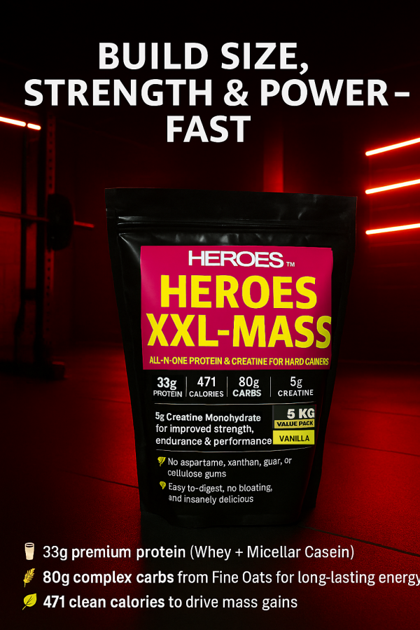 Heroes XXL-MASS 5kg Protein and Creatine Supplement for Hard Gainers – High-Calorie Muscle Mass Gainer with 33g Protein, 80g Carbs, and 5g Creatine – Vanilla Flavour in Red Neon Lit Gym Background.