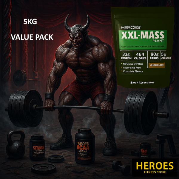 Powerful demonic bodybuilder lifting heavy barbell in a dark hell-themed gym with HEROES XXL-MASS 5kg vegan protein powder prominently displayed — muscle gain supplement for hard gainers, plant-based athletes, and bodybuilders seeking clean mass and strength.
