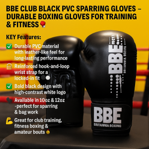 BBE Club Black PVC Sparring Gloves in vibrant boxing gym – durable training and fitness boxing gloves with secure wrist strap, bold white logo, ideal for club sparring, bag work, and amateur boxing