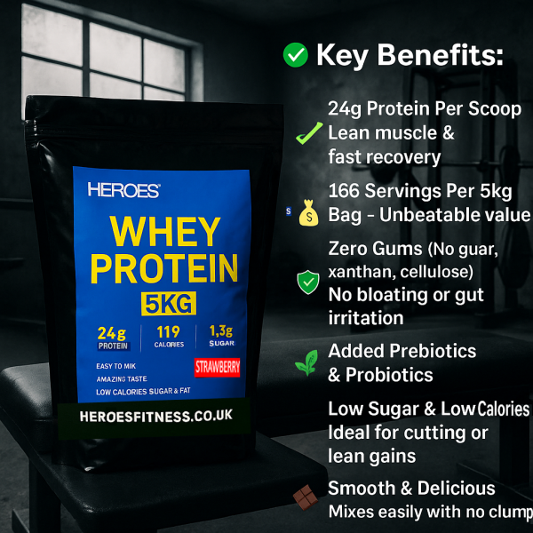Heroes 5KG Whey Protein Strawberry – premium whey supplement with 24g protein per serving, smooth strawberry flavor, gut-friendly formula with prebiotics, zero gums, low sugar, and great for lean muscle and recovery